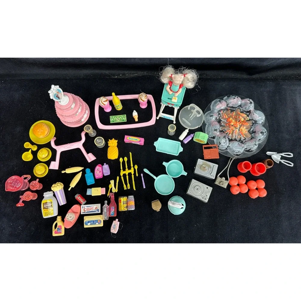 Vintage Dollhouse Accessory Lot Barbie Food Dishes Cups Plates Fire Pit Cake